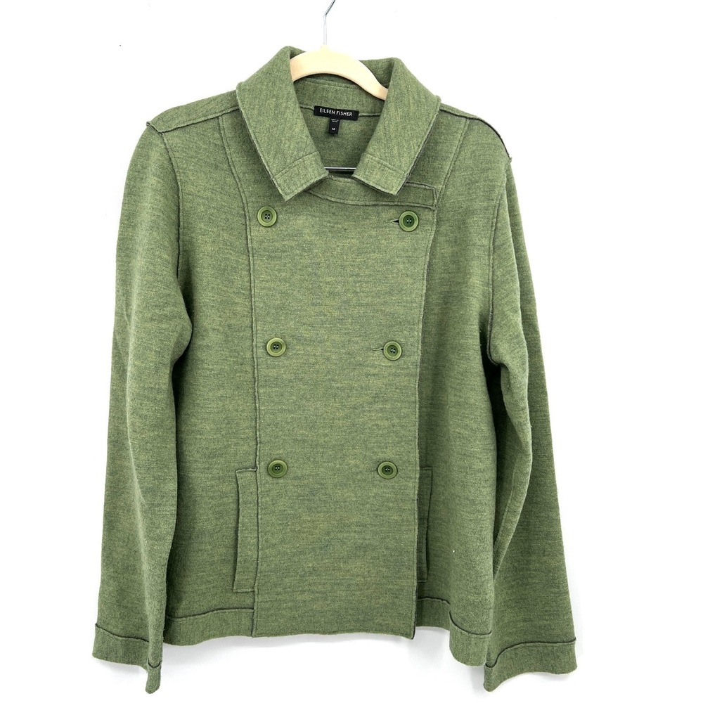 Eileen Fisher double breasted merino wool pea coat jacket lightweight green M - Picture 10 of 10